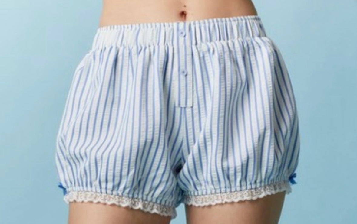 Lace Trim Blue Stripe Shorts